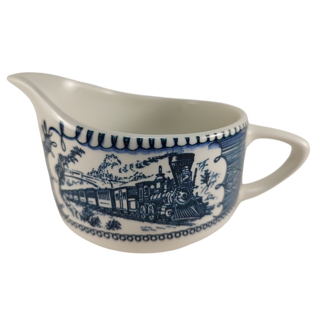 Vintage Currier and Ives Creamer Locomotive Blue White Mid Century Modern‎ SEE